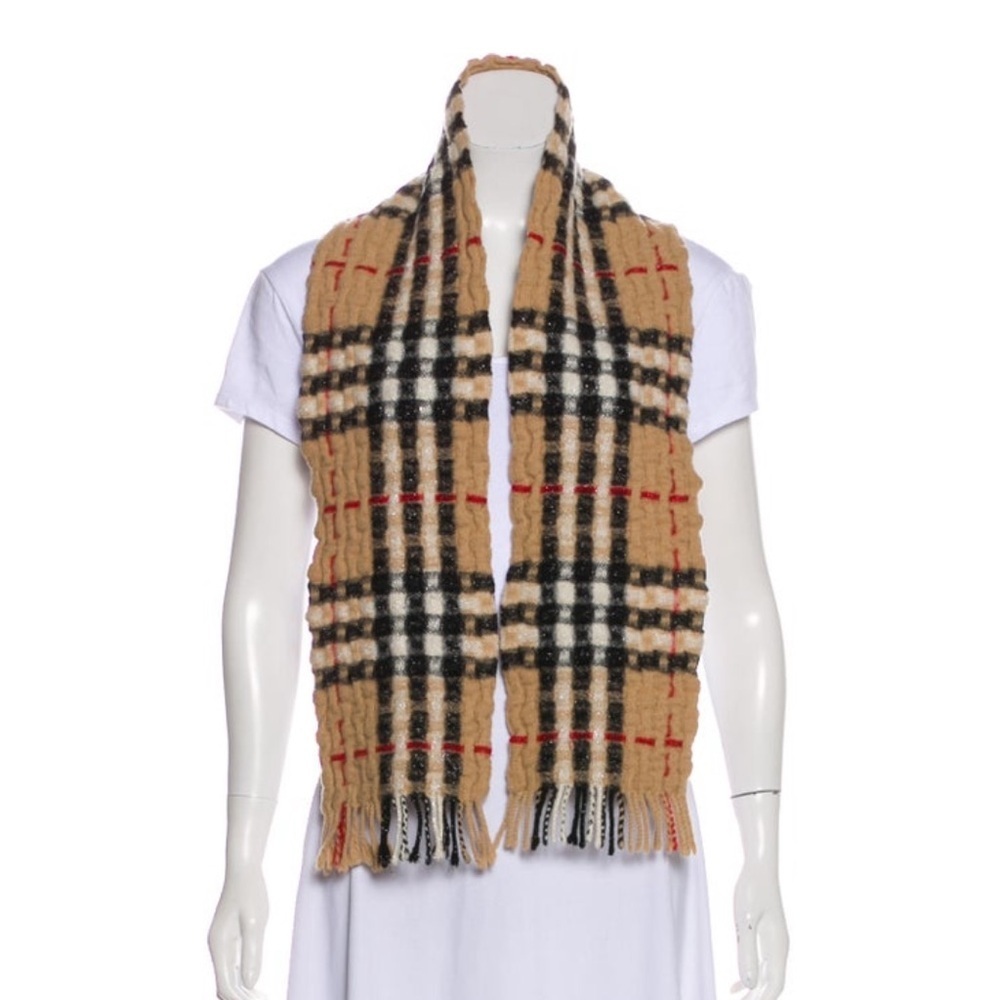 BURBERRY Glitter Tan Checkered Wool Scarf Woven Textured Fringe L: 56" x W: 14" - Picture 8 of 8